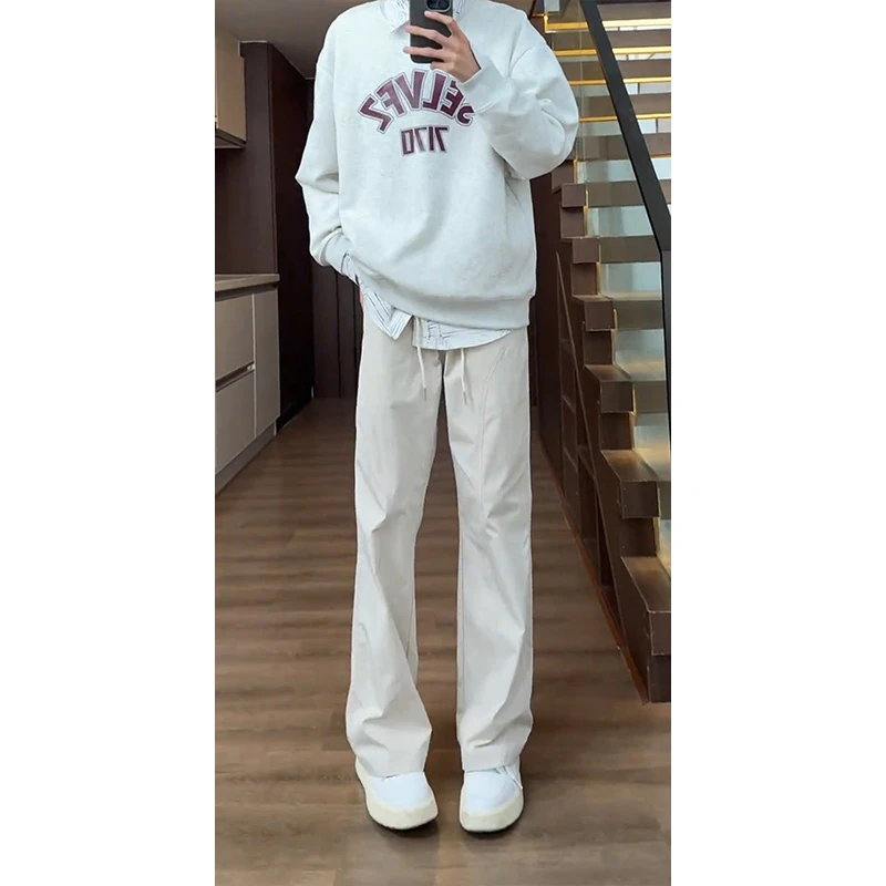 米白色斜切弯刀工装裤男高级感痞帅美式高腰显瘦裤子休闲直筒长裤