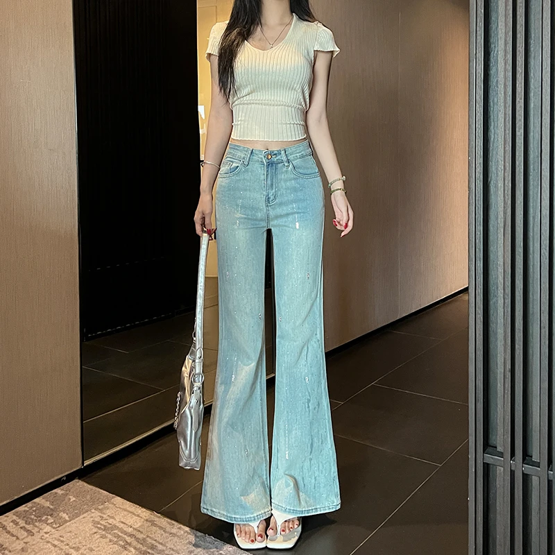 2025秋季新款宽松显瘦直筒裤小个子高腰烫钻弹力阔腿牛仔裤女百搭