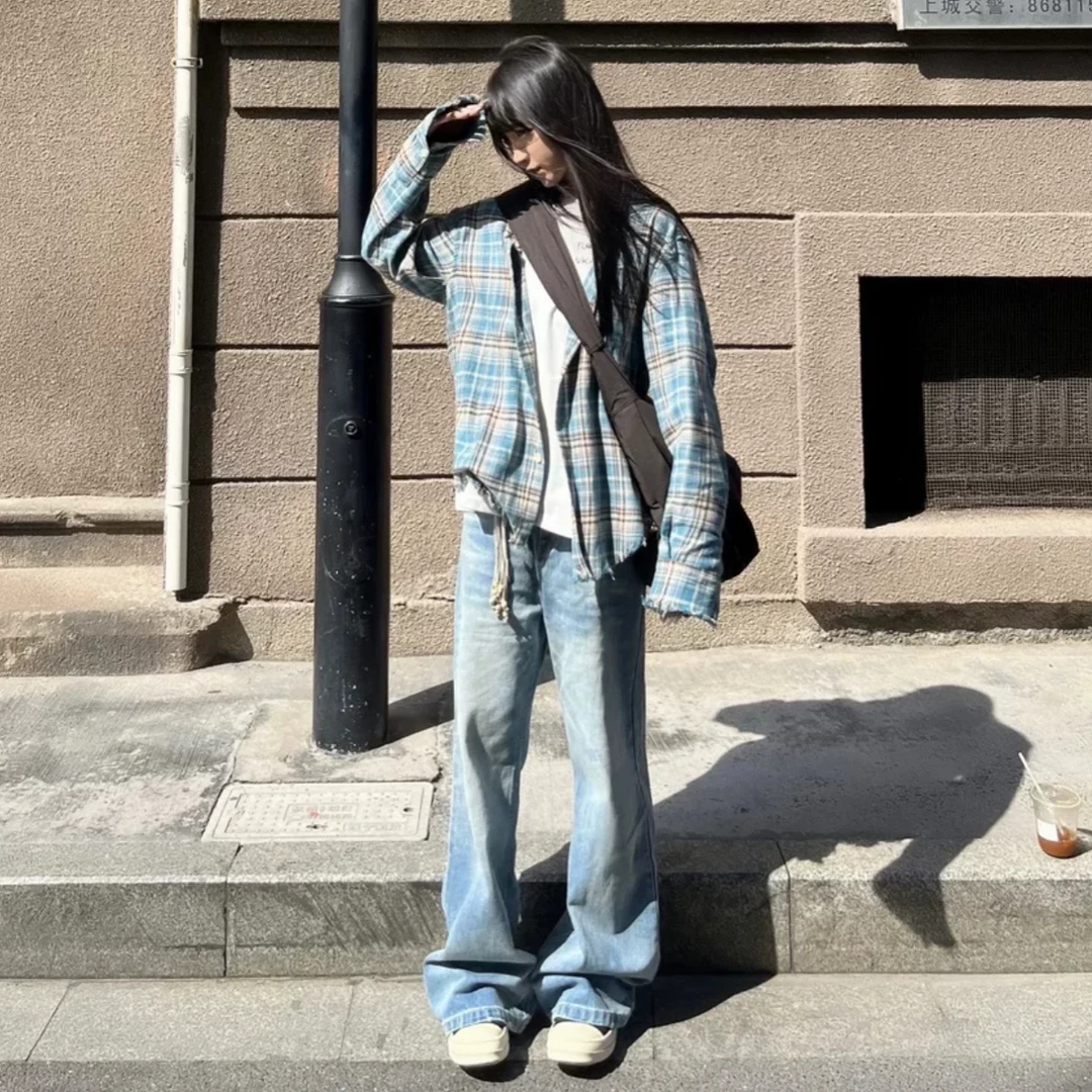 A7#帅就完了！美式磨毛格纹长袖衬衫男女春秋风琴口袋慵懒风衬衣