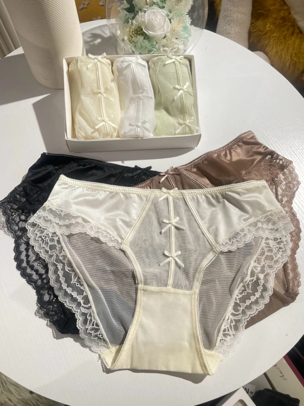 3条装 柠檬树 中腰大包臀华尔缎蕾丝女士内裤