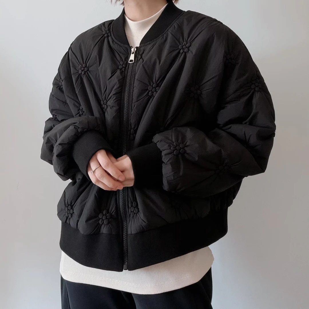 2025新款韩版休闲宽松花朵夹棉棒球服棉外套女