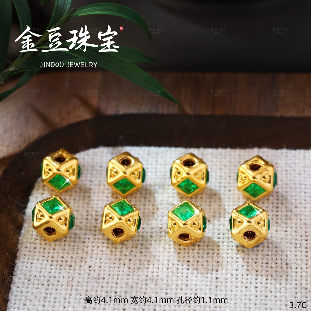 【金豆工厂】18K金豪镶绿色八棱珠隔珠万能轴弟子珠手串项链（厚5D金