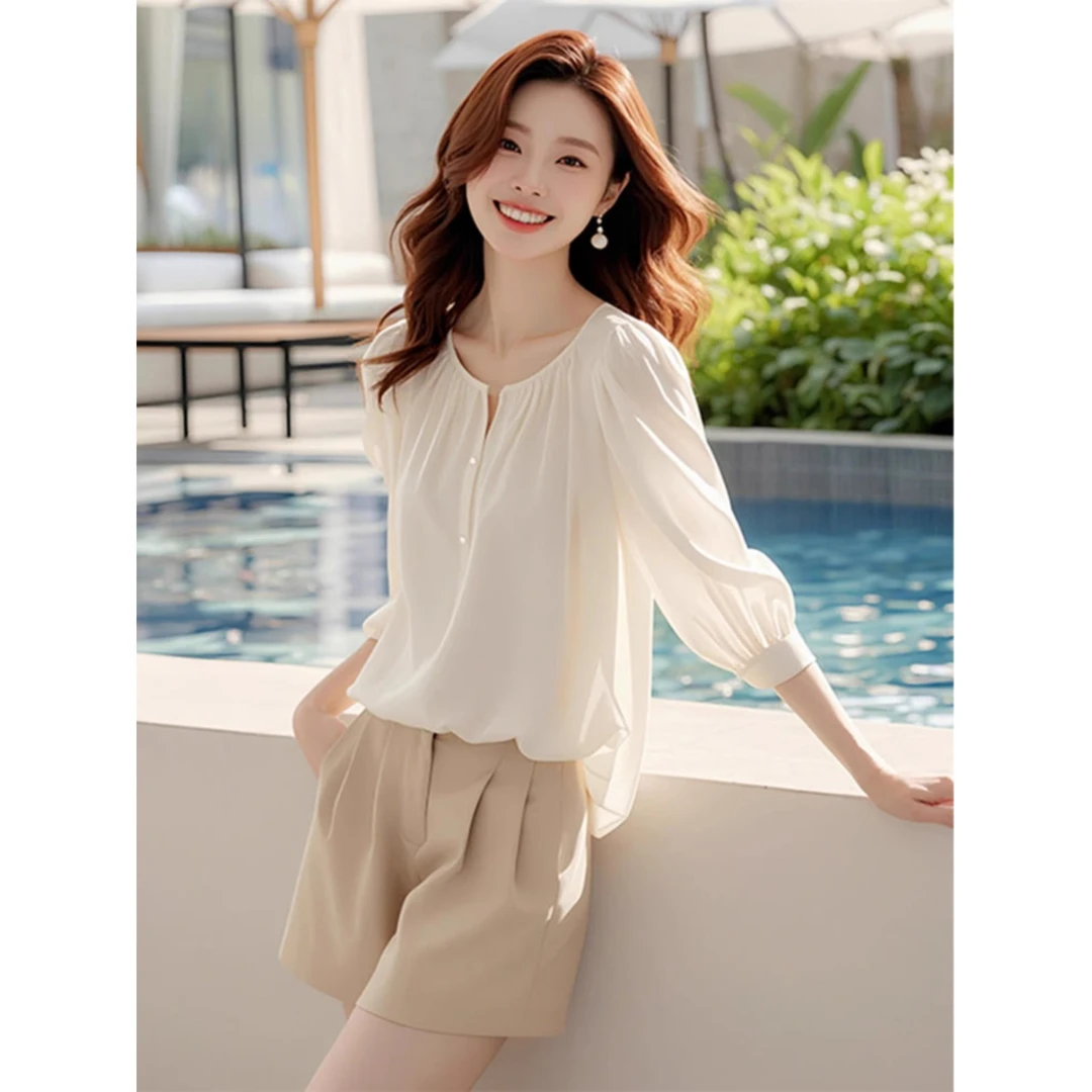 夏季小清新超好看七分袖气质时尚上衣宽松独特别致白色雪纺衬衫女