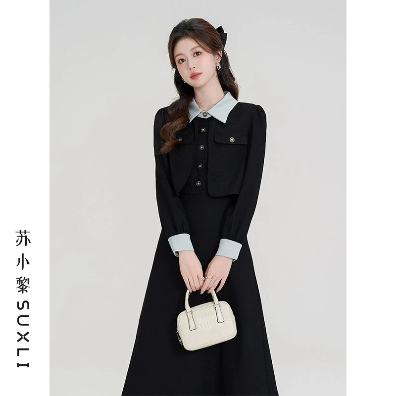 秋季新款学院风休闲时尚法式大码胖mm假两件拼接撞色Polo连衣裙潮