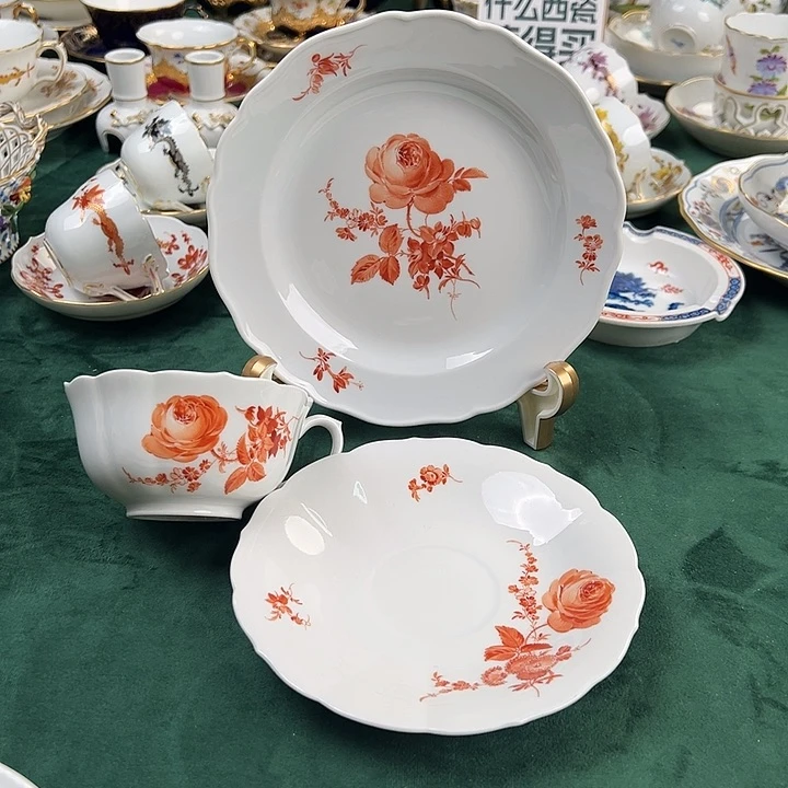 瓷片梅森四杠单色多花茶杯三件套