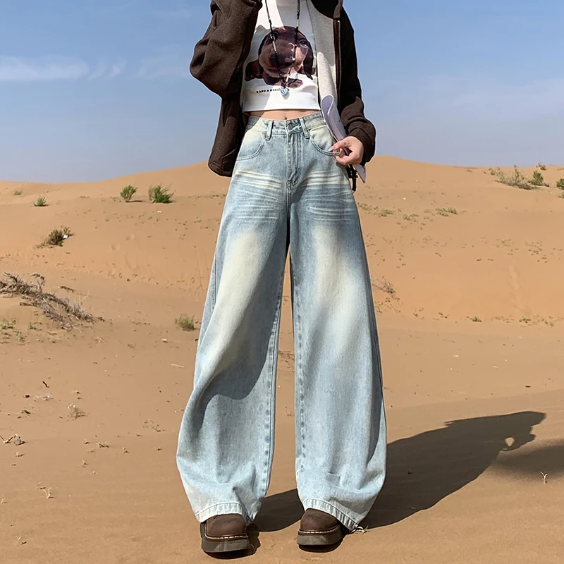 拉夏贝尔浅蓝色牛仔裤弯刀裤女款秋季长裤美式复古高腰百搭阔腿裤