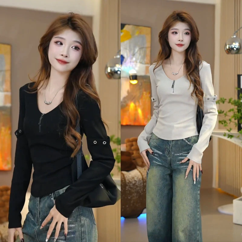 2025春季新款v领时尚百搭长袖T恤女气质显瘦高级感洋气打底衫上衣