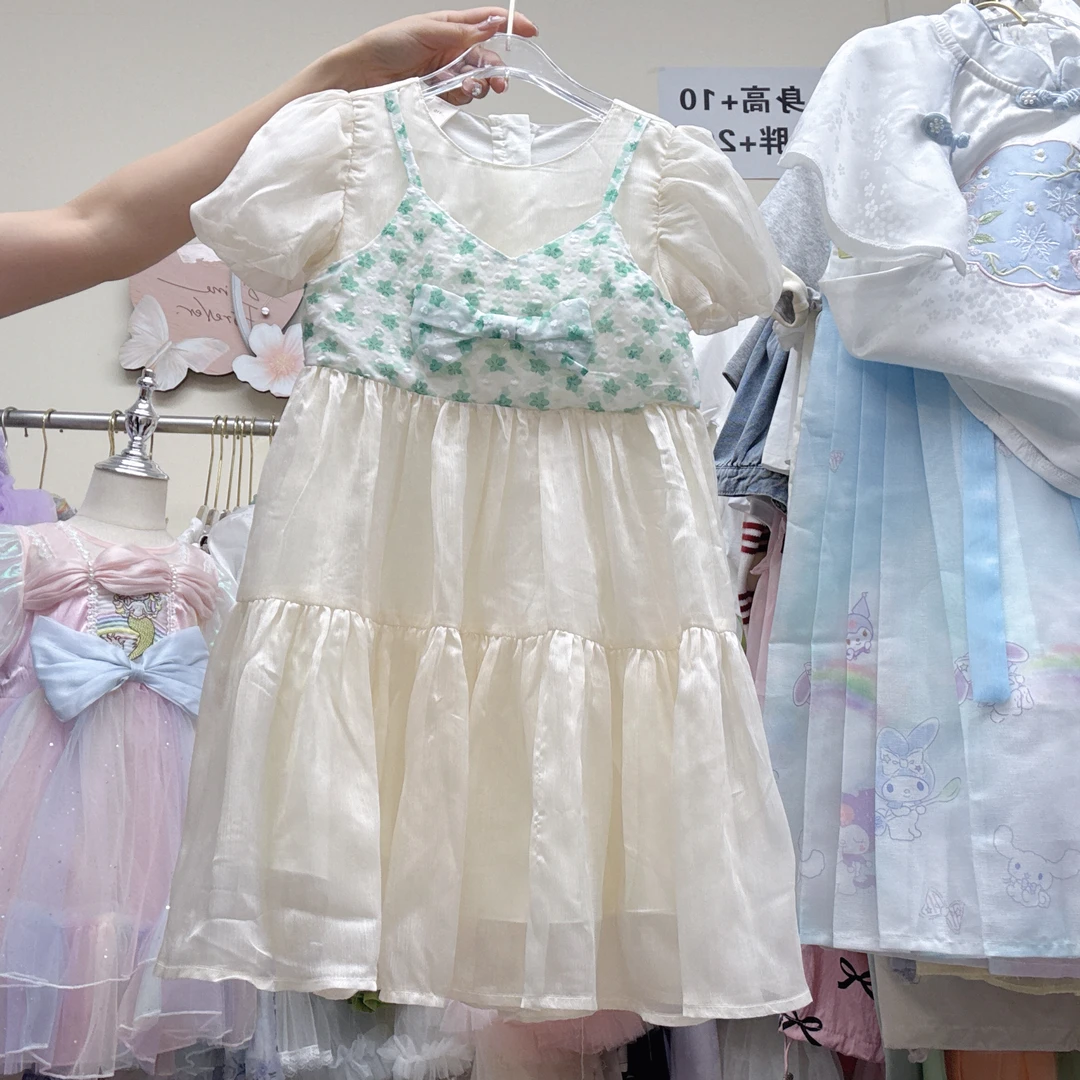 345哈哈家 女童夏季新款洋气百搭短袖假两件连衣裙