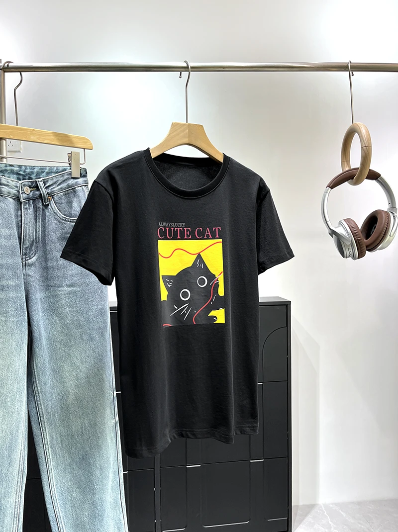 特！优质冰爽棉~轻潮小猫咪印花 短袖棉T休闲T恤 E1280 女装 H5695