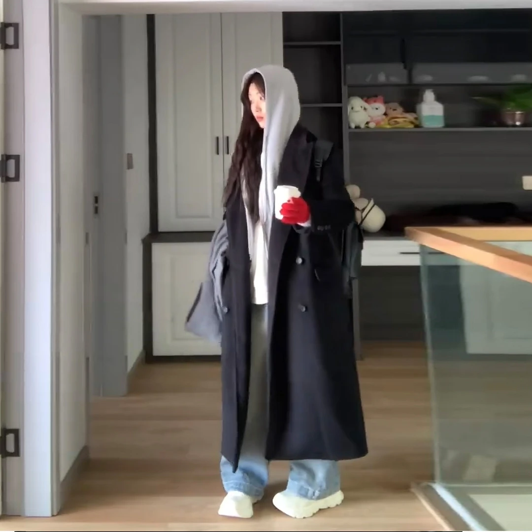 高级感黑色呢子大衣女中长款2025秋冬新款休闲正肩加厚毛呢外套