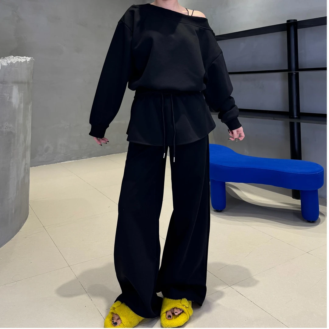 2569美式复古斜肩长袖收腰加绒卫衣女春秋高阔腿裤屁帘长裤三件套