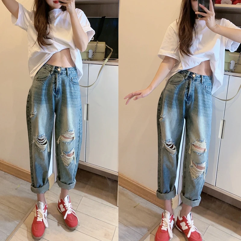 新款宽松破洞老爹牛仔裤大码女显瘦洋气显瘦直筒哈伦牛仔裤