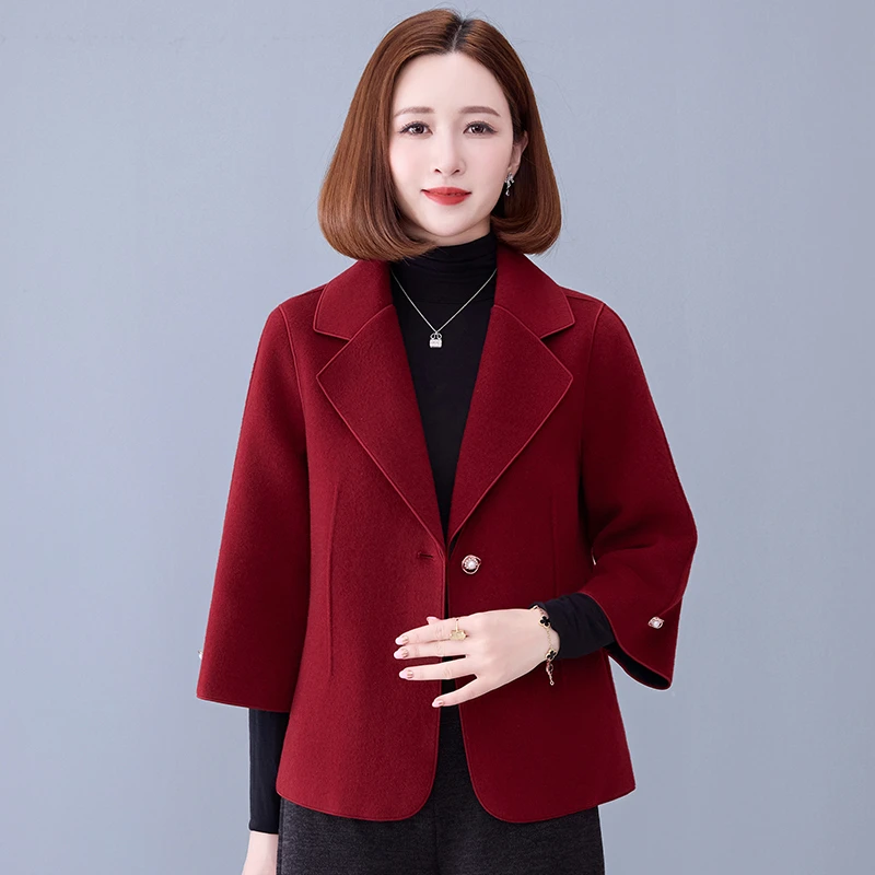 红色双面羊绒大衣女短款小个子七分袖正肩气质新款高级羊毛呢外套