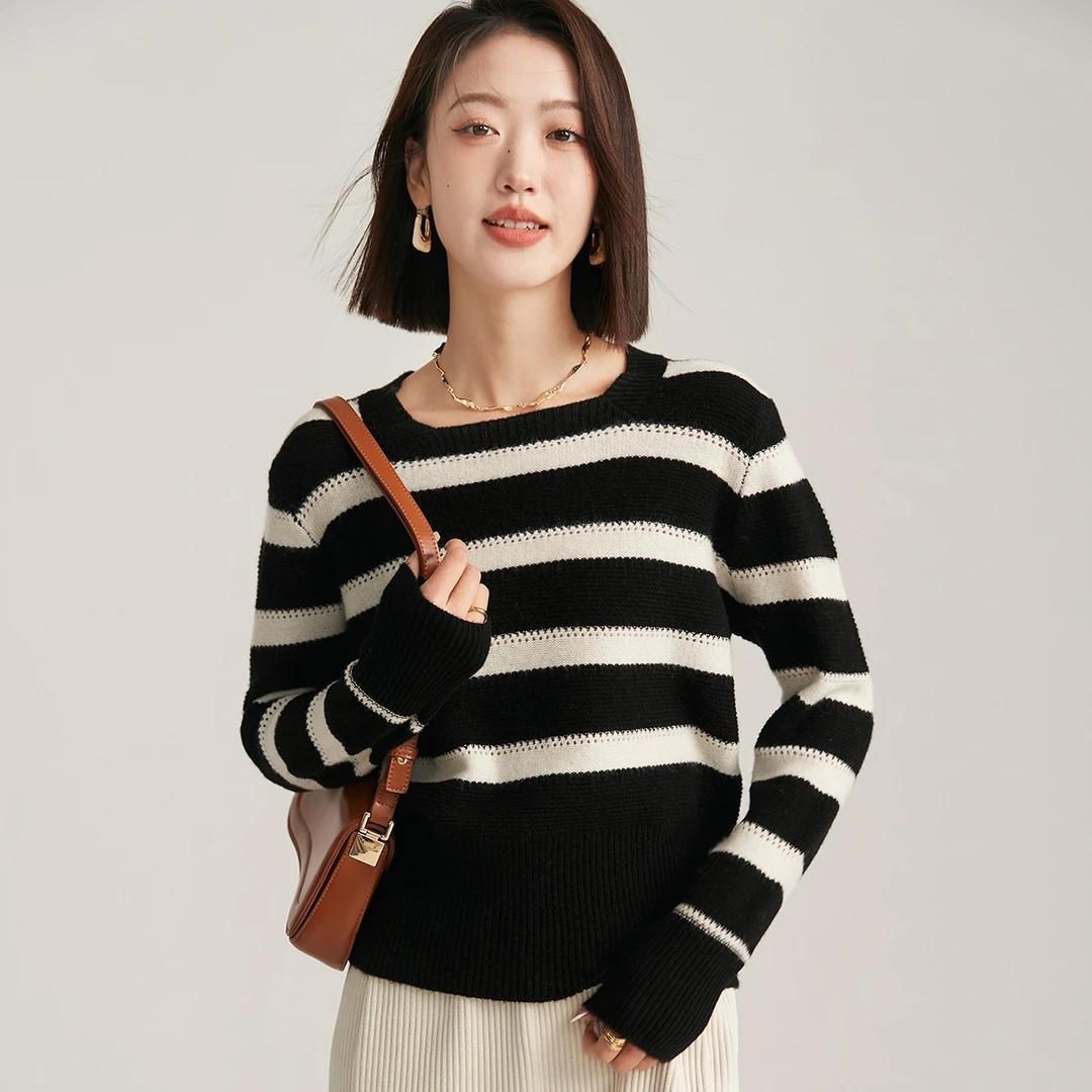 【经典条纹】秋冬方领绵羊毛针织衫LS22750Y ET23655Y