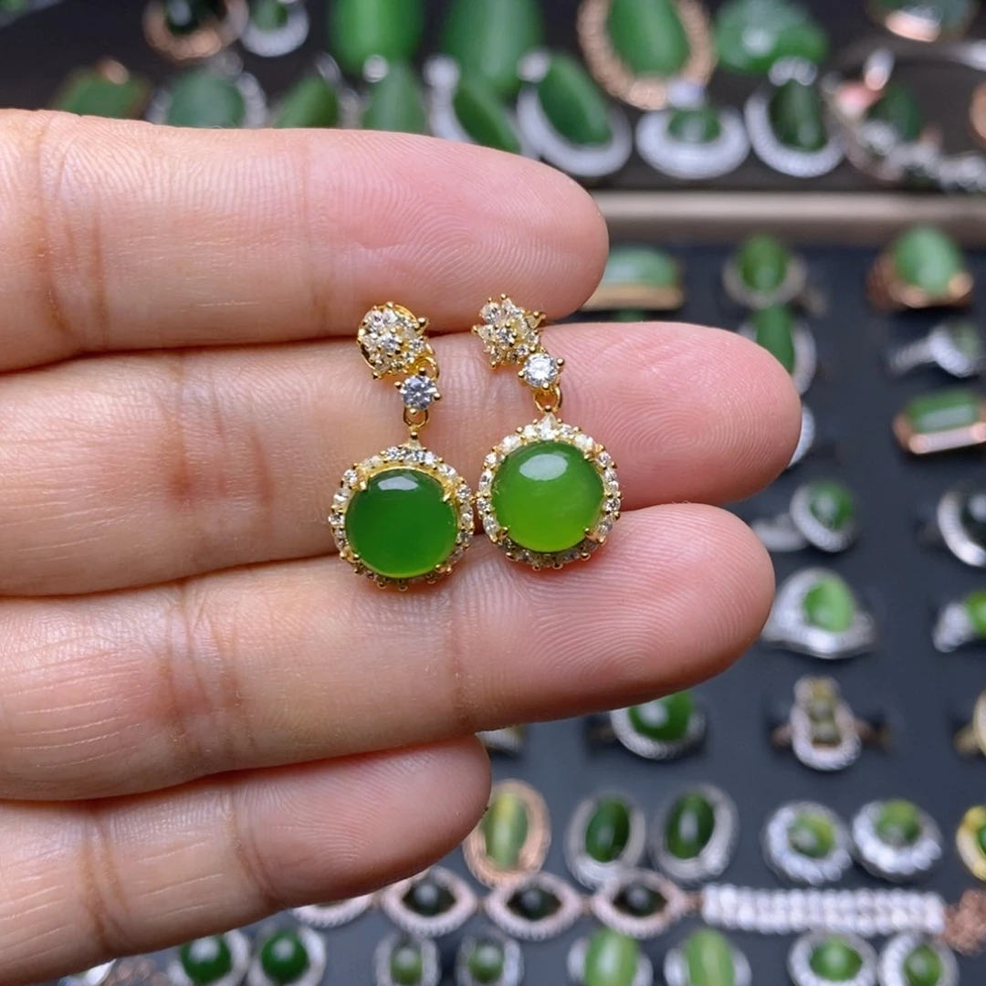 和田玉（碧玉）银S925镶嵌吊坠(不含链)耳饰