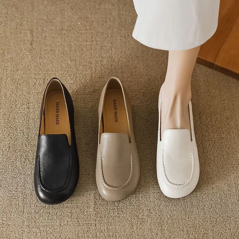 爆款单鞋2025春秋新款真软皮圆头女鞋软底皮鞋一脚蹬乐福鞋