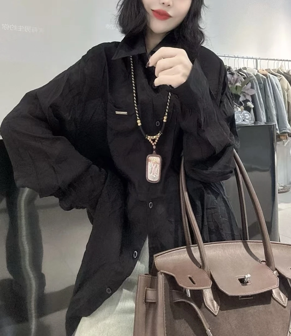 W2486欧货定制款做旧压褶后背系扣大版衬衣