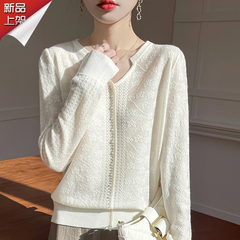 品牌2025新款长袖精仿羊毛衫V领提花打底衫时尚百搭显瘦钉珠上衣