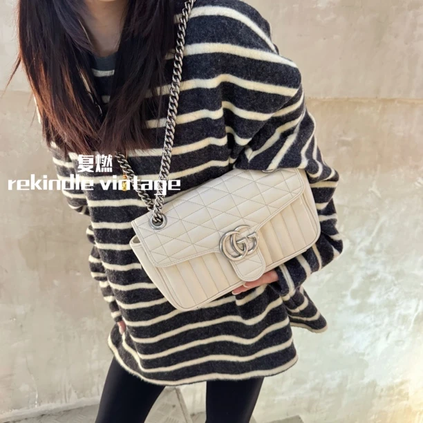 95新 GUCCI/古驰 复燃精选/新款白银马蒙26单肩包