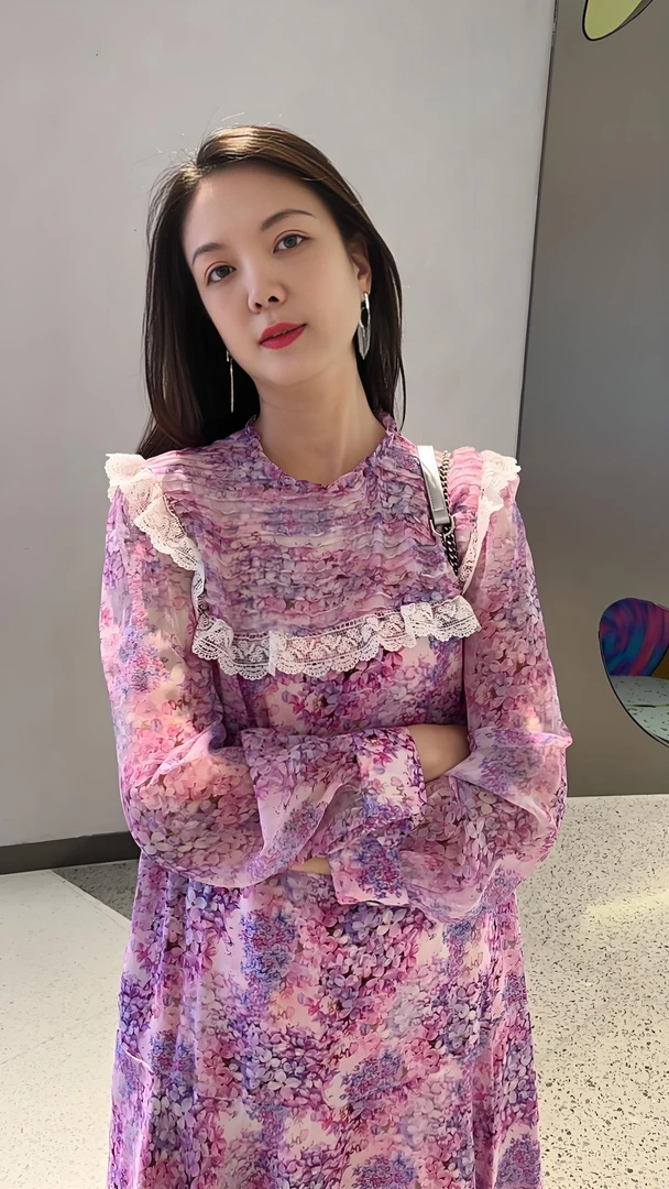 2025紫色法式温柔风高级印花连衣裙真丝桑蚕丝裙子LL2022065