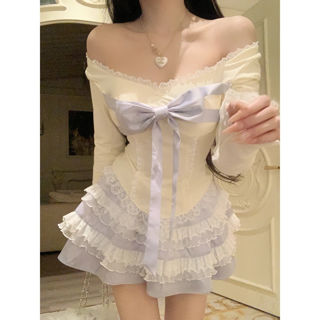 瑞茜·威瑟斯 芋泥蛋糕 甜美风纯欲显瘦蝴蝶结上衣短裙R5664-1Z