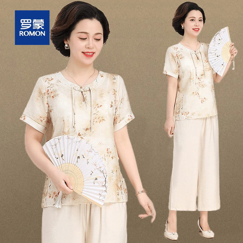 罗蒙中年妈妈夏装雪纺衫套装洋气中老年女装新中式国风短袖衬衫女