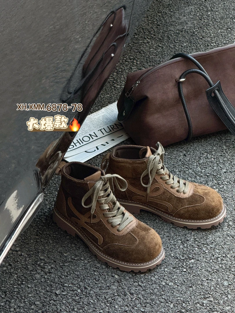 6878-78秋季女鞋5厘米厚底磨砂休闲马丁靴中跟系带短靴绒面高帮靴