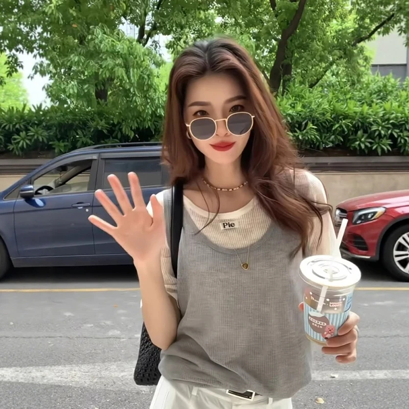 韩系别致设计感小众冰丝针织短袖t恤女夏季独特超好看假两件上衣