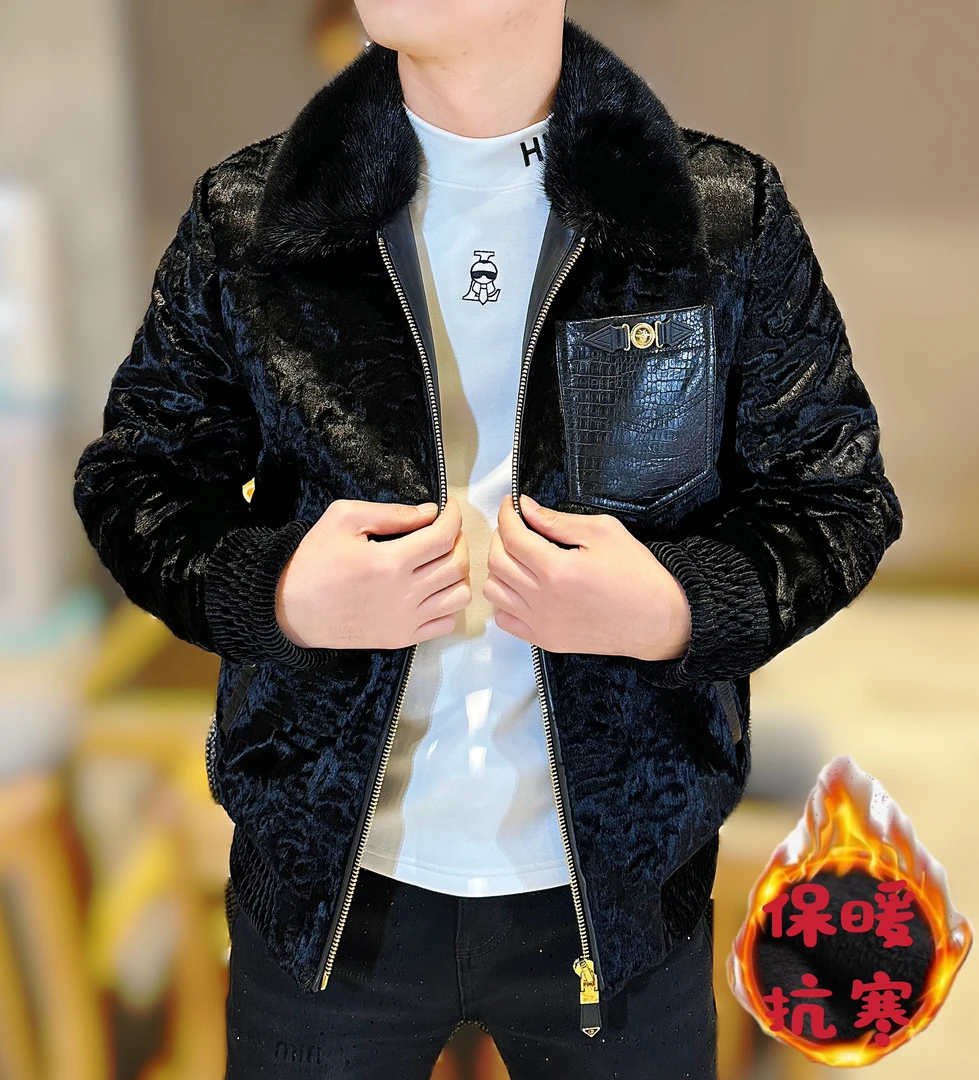 2024冬季新款男士醋酸百搭水貂毛领鹅绒内胆加厚短款金貂夹克外套