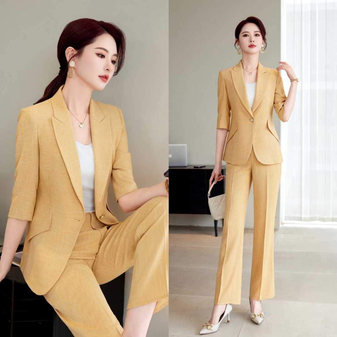 2025春夏西装套装女总裁轻奢气场新款黄色时尚气质修身西服女套装