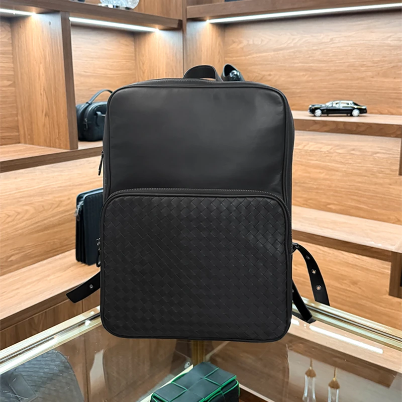 BV头层胎牛皮纯手工编织男士真皮双肩包旅行包多功能商务休闲背包