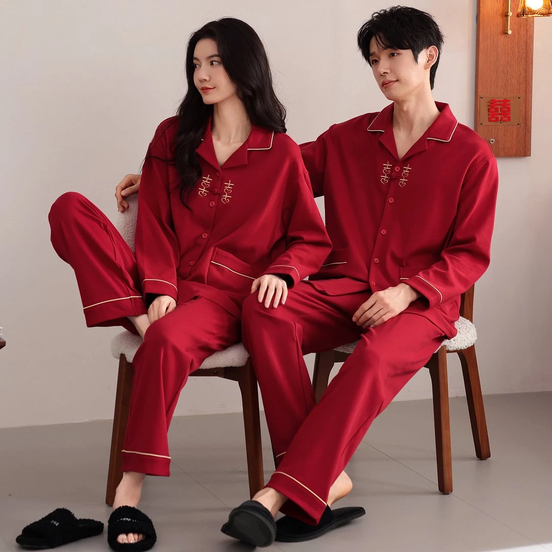 情侣睡衣本命年结婚红色100%纯棉大码新婚男女春秋长袖喜庆家居服
