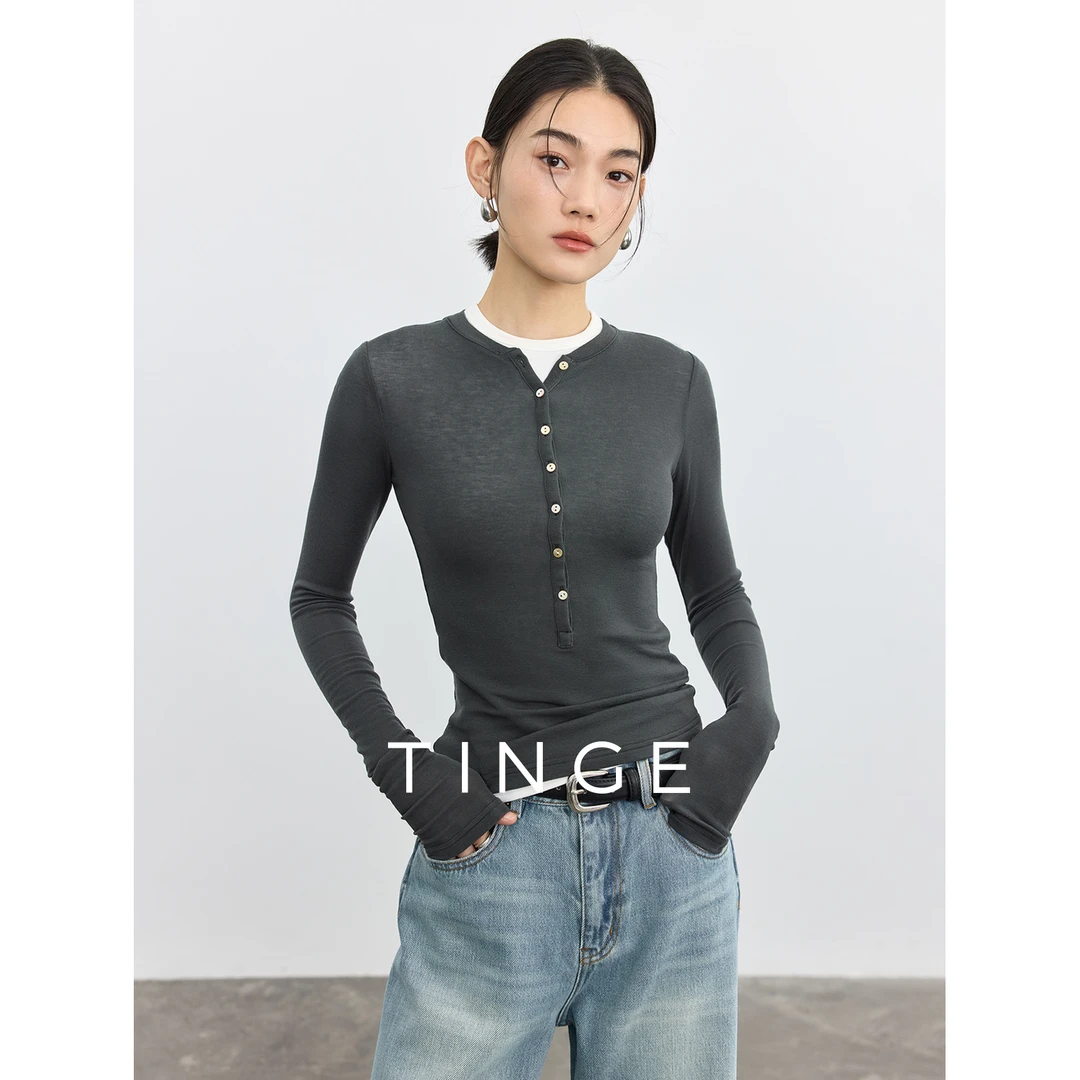 贴己亨利领羊毛修身打底衫贝壳扣显瘦薄款长袖针织衫时尚设计感