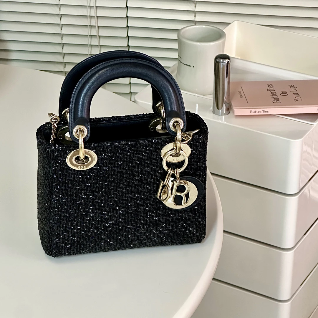 95新 DIOR/迪奥 串珠黑色藤格纹三格小号戴妃
