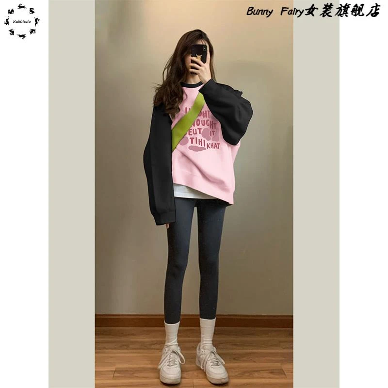 美式潮牌复古慵懒风插肩袖无帽卫衣女装秋季时尚休闲宽松加绒上衣