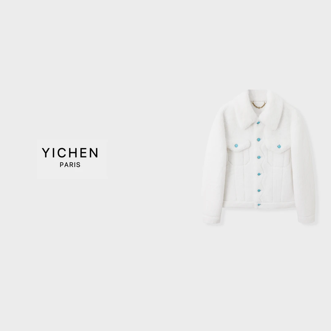 YC 松石绿单排扣翻领双口袋链条毛毛外套-1822