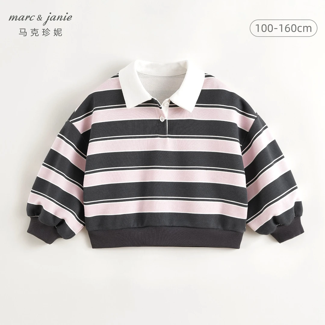 马克珍妮女童美式条纹polo领miu系卫衣 休闲上衣秋装新款250151