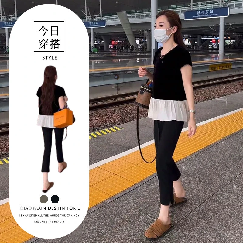 法式时尚套装宽松轻熟风休闲圆领拼接短袖上衣简约修身裤子两件套