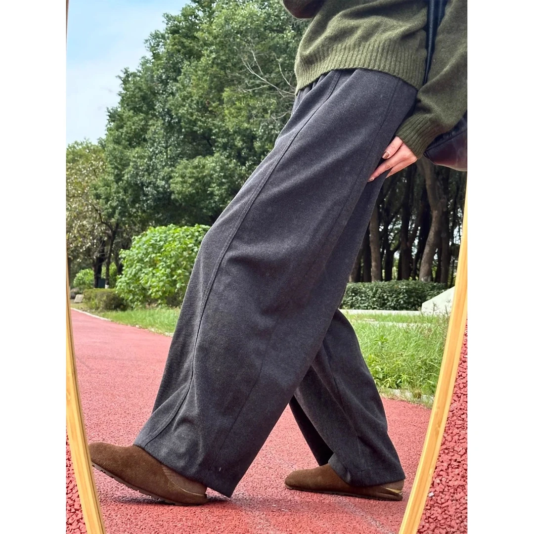灰色毛呢阔腿休闲裤女冬季加绒大码胖mm休闲运动裤高腰显瘦梧桐裤