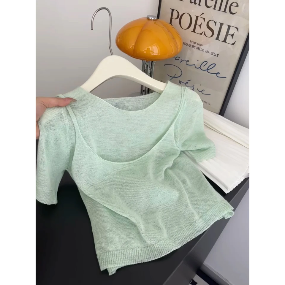 2025新款韩系温柔短袖针织衫女春夏设计感小众修身显瘦假两件上衣