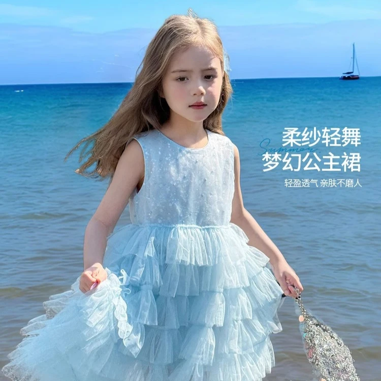 图图小象女童连衣裙2025夏季新款亮闪蓬蓬蛋糕裙无袖背心公主字裙