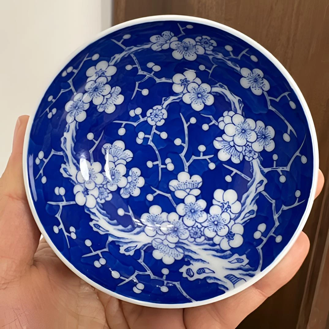 景德镇陶月楼精工手绘蓝底冰梅普洱杯 内外全满绘 容量100ml