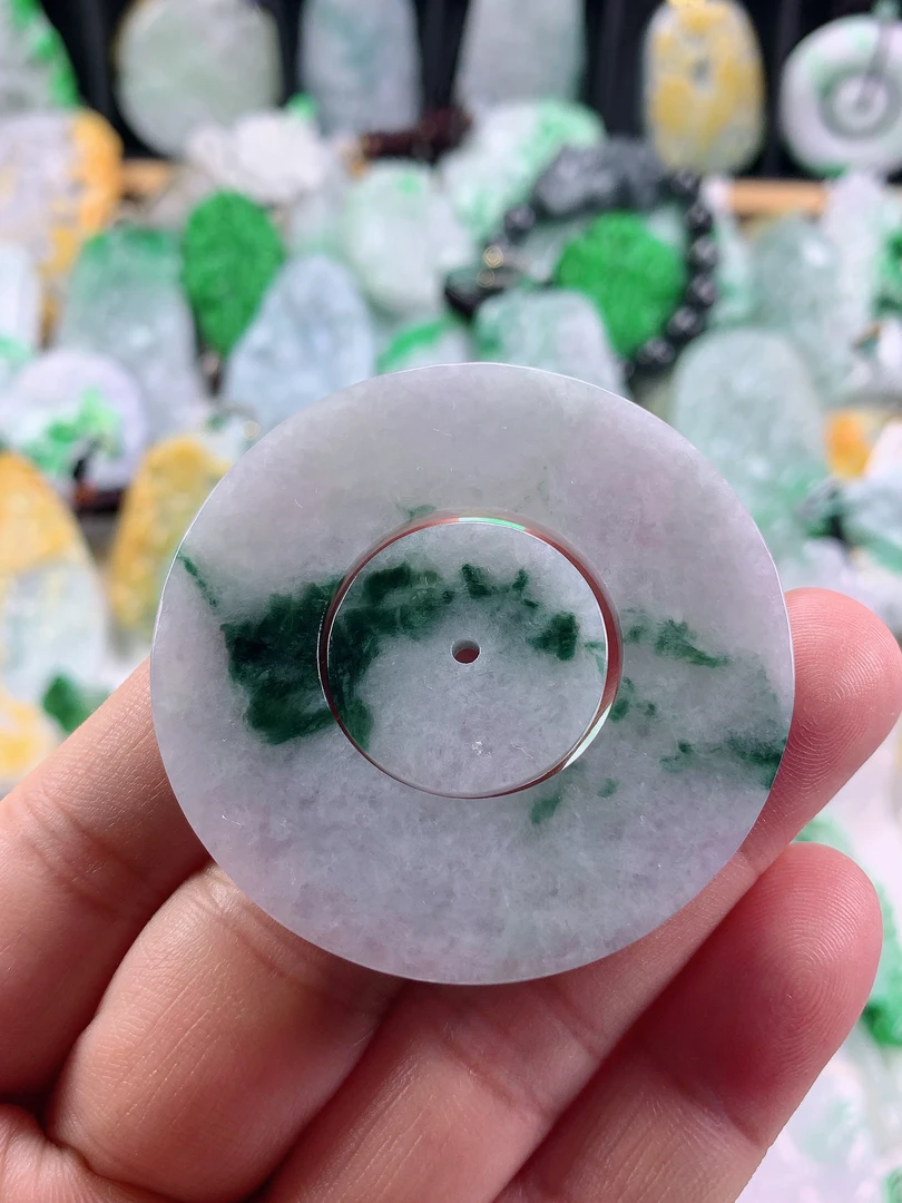 缅甸天然A货翡翠飘花子母扣吊坠53.4-3.6a