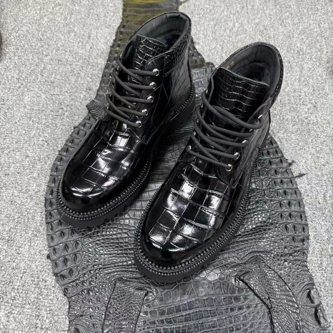 全鳄鱼皮大头皮靴高光亮面（防滑耐磨鞋底）男靴皮鞋