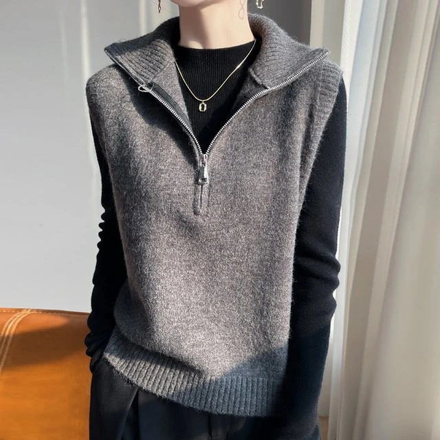 时髦半拉链高领针织马甲休闲毛衣坎肩女百搭保暖洋气无袖叠穿背心