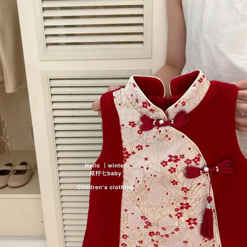 小童秋冬连衣裙冬装儿童夹棉国风裙周岁宝宝礼服抓周宴洋气冬季