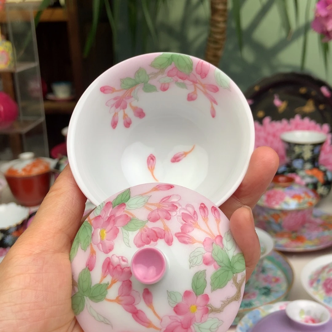 海棠花迷你盖碗手工手绘