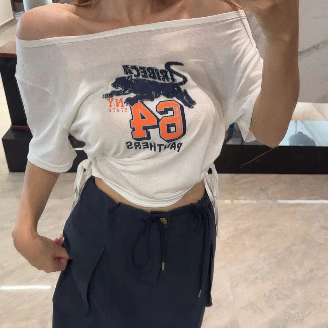 曼曼【韩风少女~】韩版一字领数字印花侧边抽绳短袖T恤