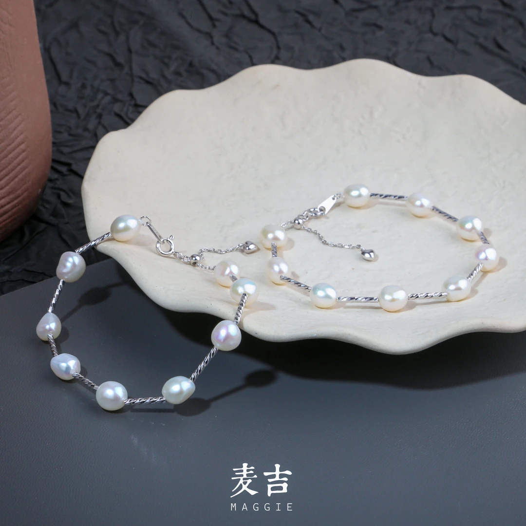 精工厚银版满天星手链｜天然无核随形珍珠 通体银 6.5-7mm 发一个