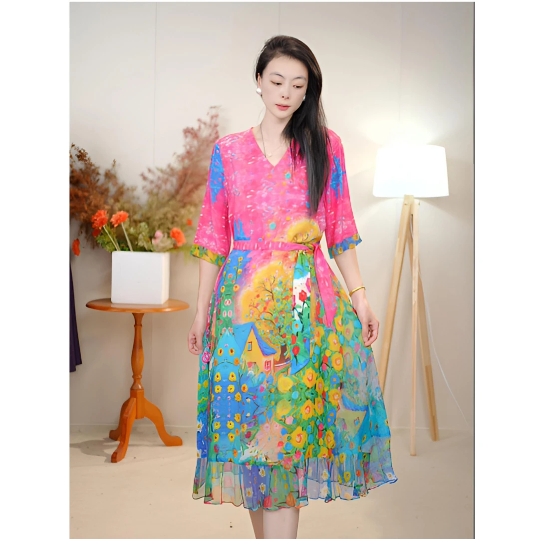 【多米拉】03525夏天凉 V领蝴蝶春夏连衣裙桑蚕丝显瘦